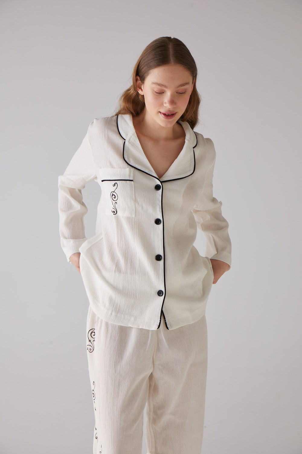 Handarte Los Angeles-Nota Desen Beyaz Uzun Pijama Takımı-Pijama Takımı-6-Milagron.com