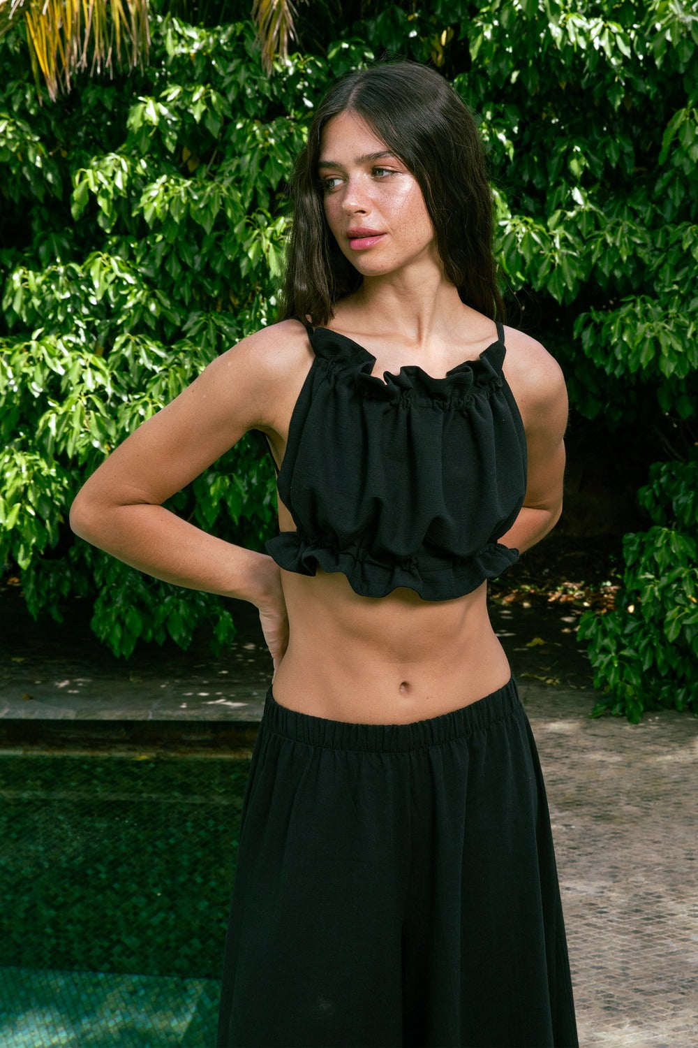 Handarte Los Angeles-Siyah Büzgülü İpli şile Bezi Crop-Crop Top-1-Milagron.com