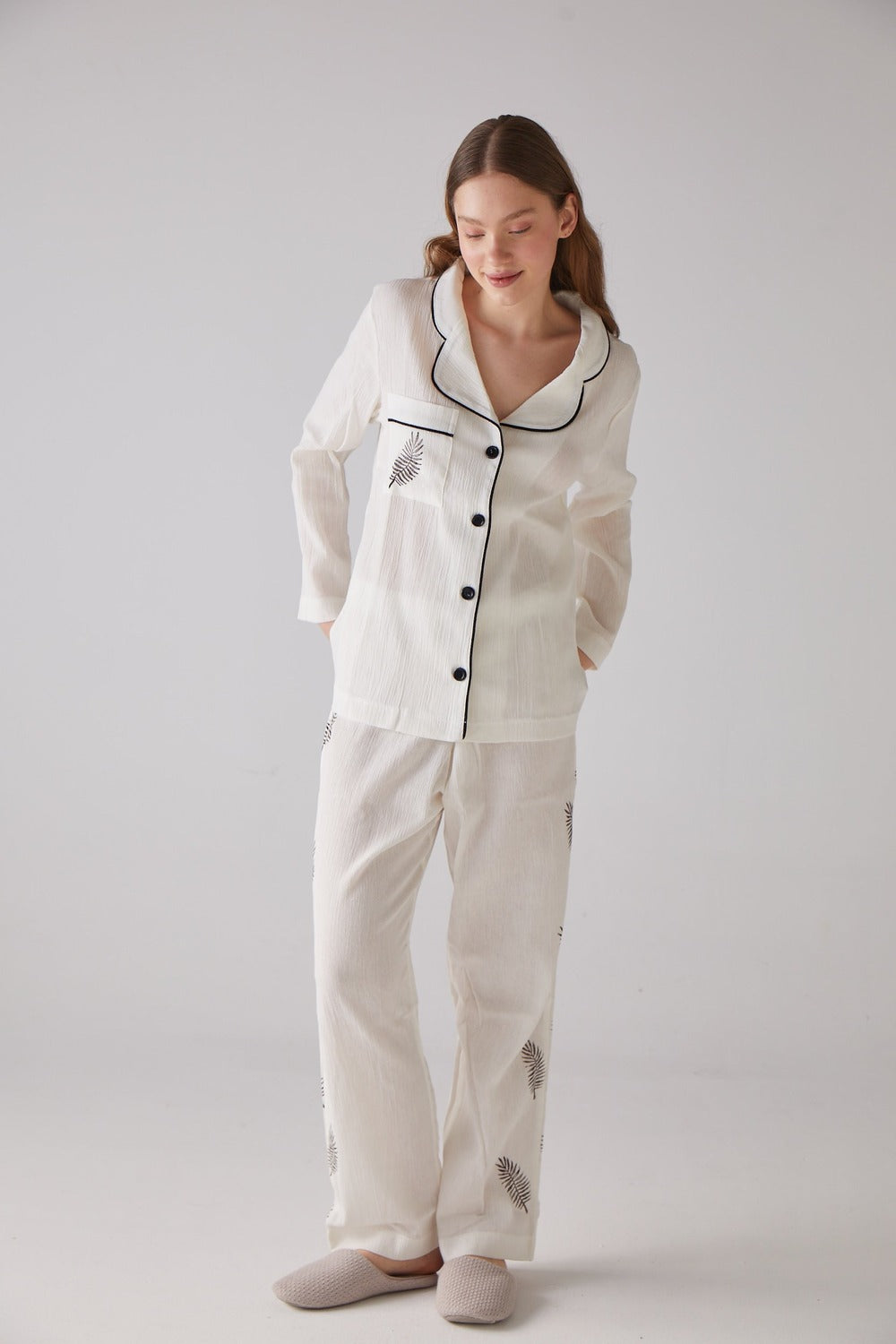 Handarte Los Angeles-Yaprak Desen Uzun Pijama Takımı-Pijama Takımı-4-Milagron.com