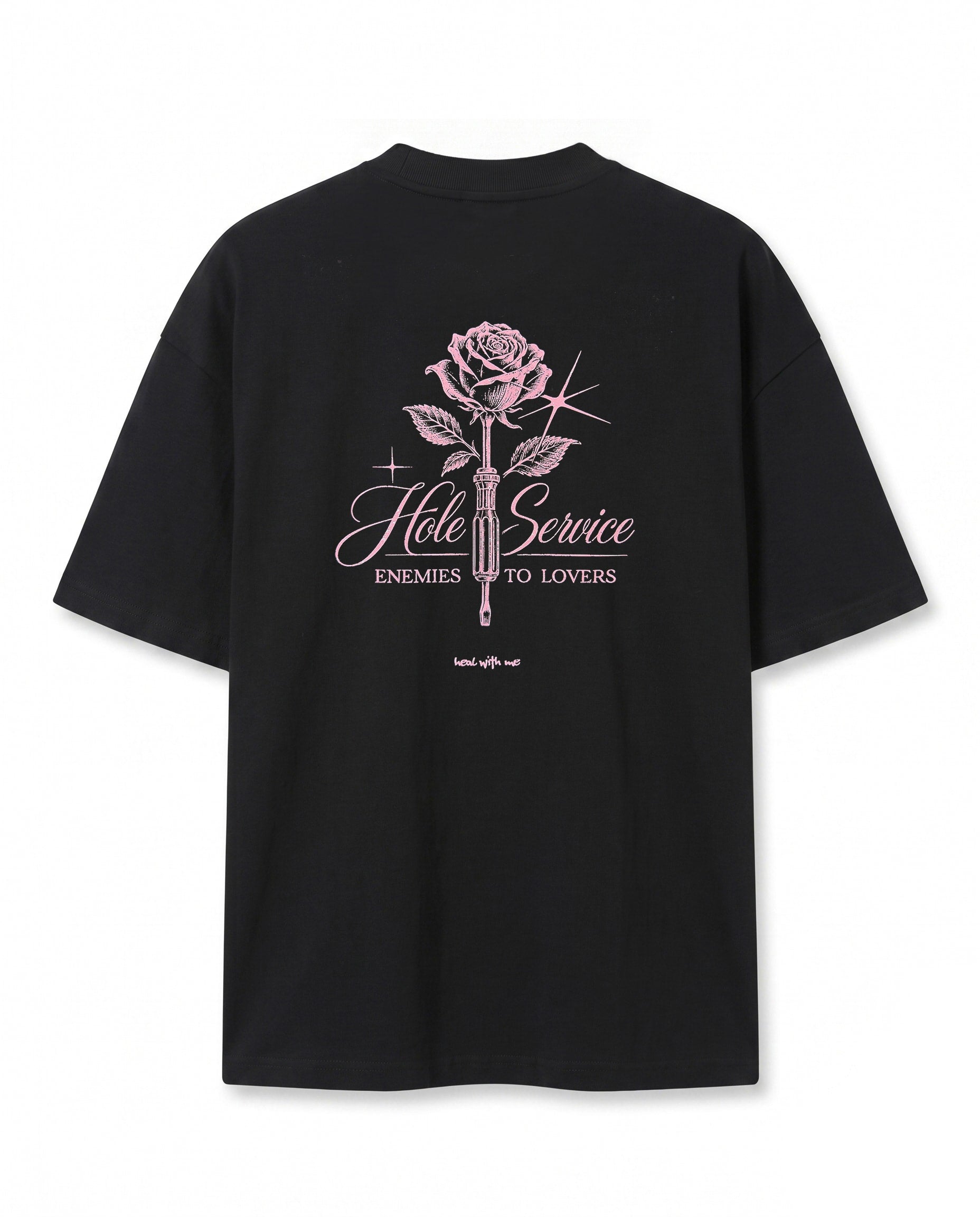 Gül Grafik Baskılı Siyah Oversize T-Shirt