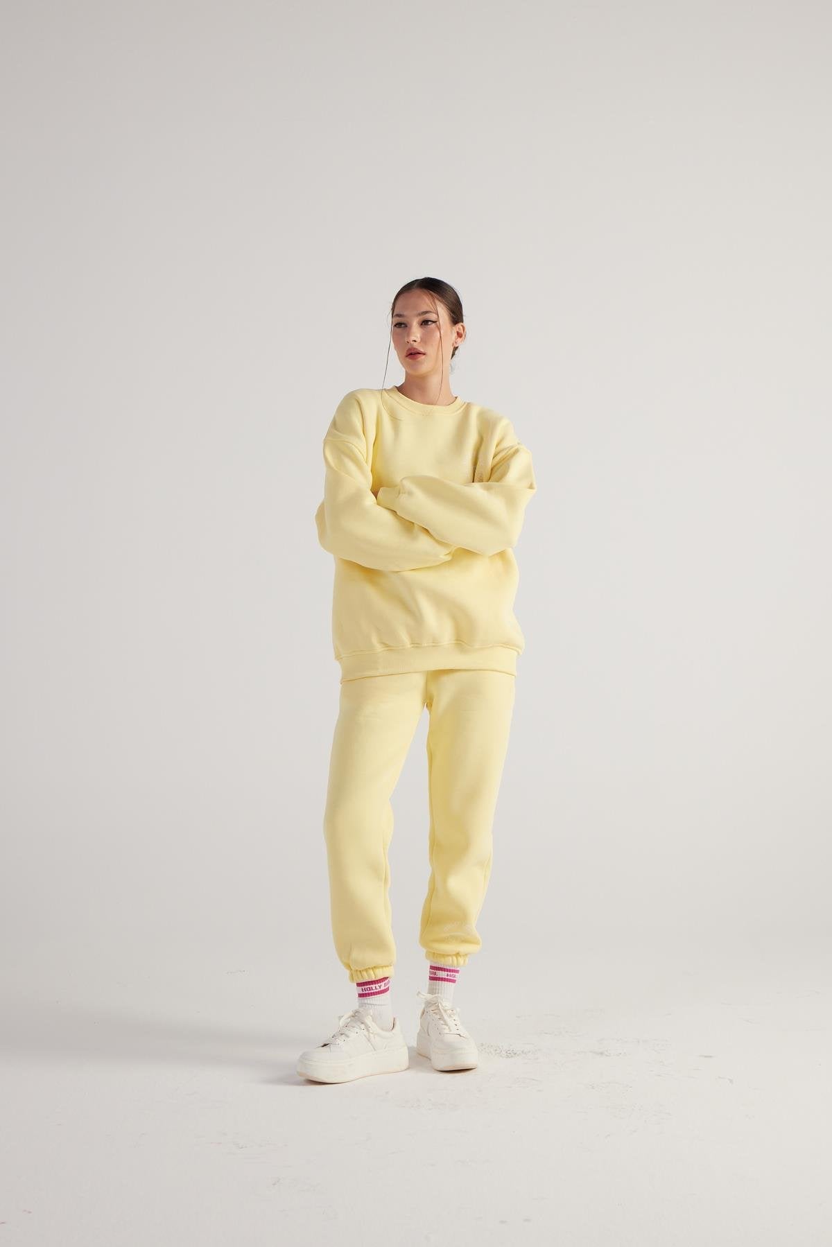 3 İplik Şardonlu Lastikli Paça Fine Eşofman Altı Sarı