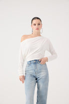 Asimetrik Yaka Talia Bluz Beyaz