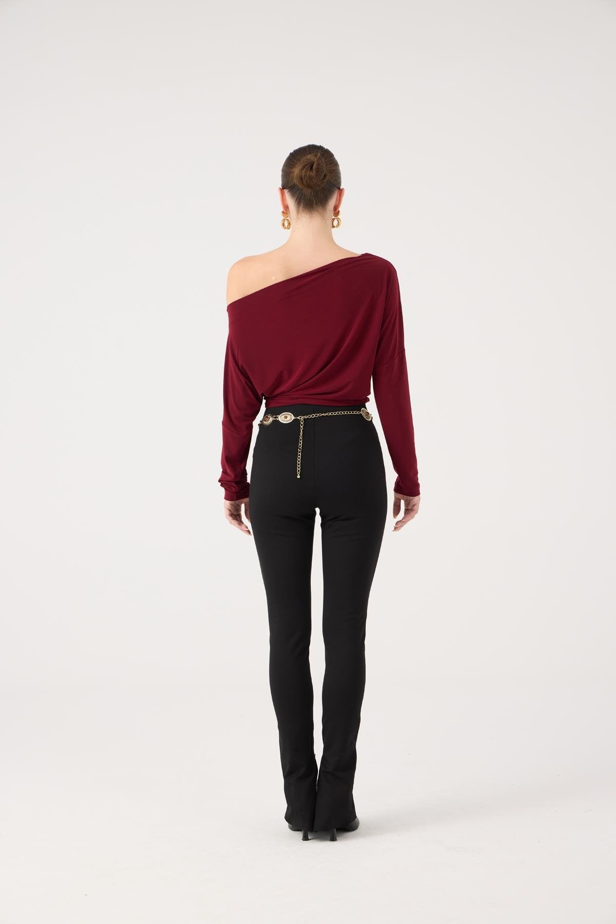 Asimetrik Yaka Talia Bluz Bordo