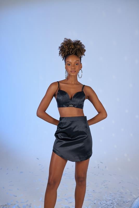 Askılı Crop Saten Fancy Büstiyer Siyah