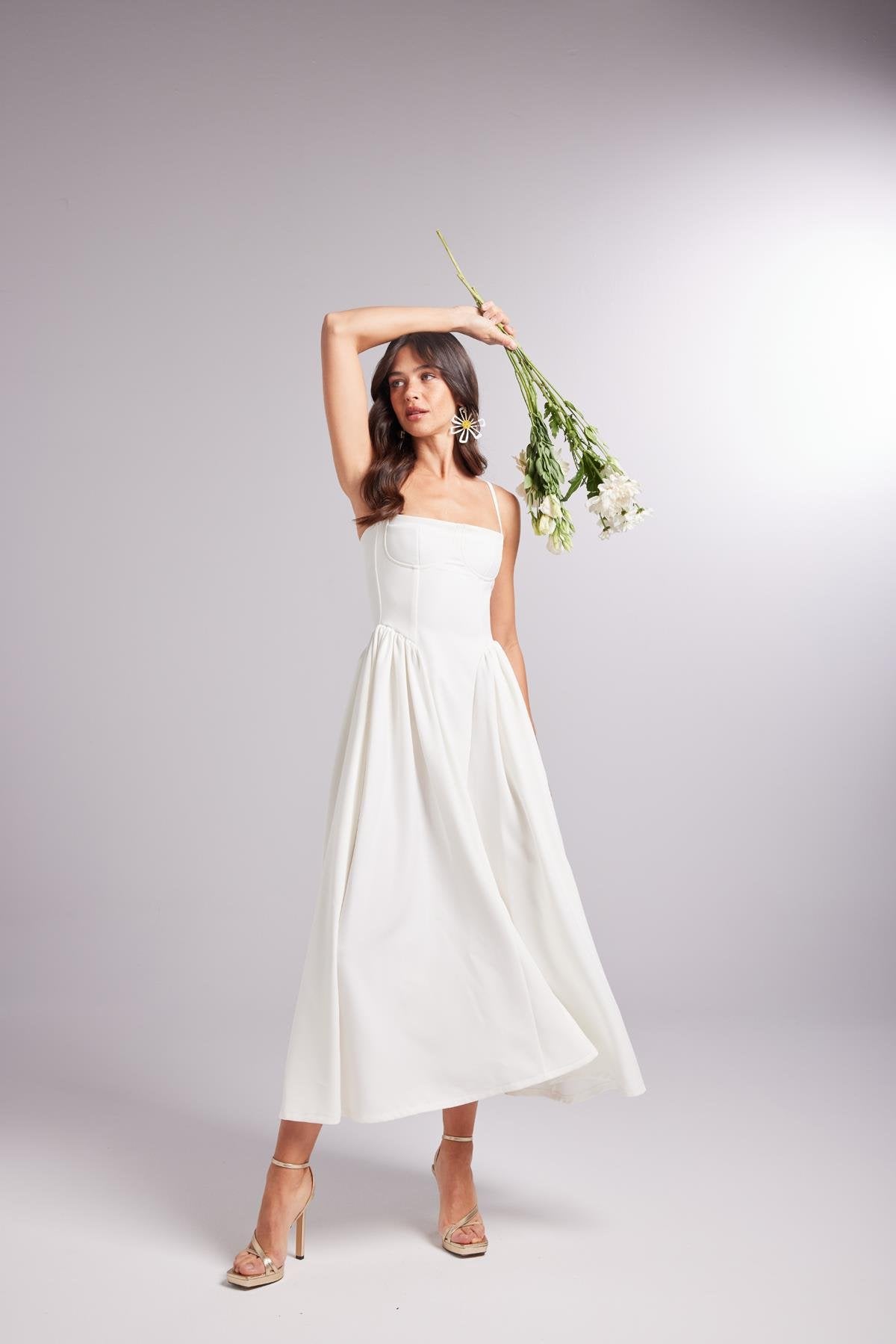 Askılı Gloplu Uzun Bridged Elbise Beyaz