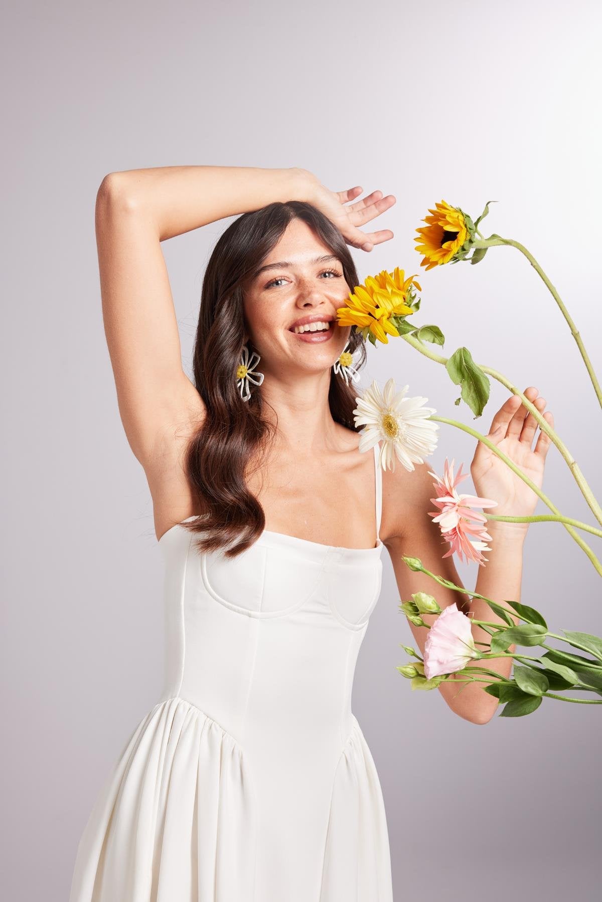 Askılı Gloplu Uzun Bridged Elbise Beyaz