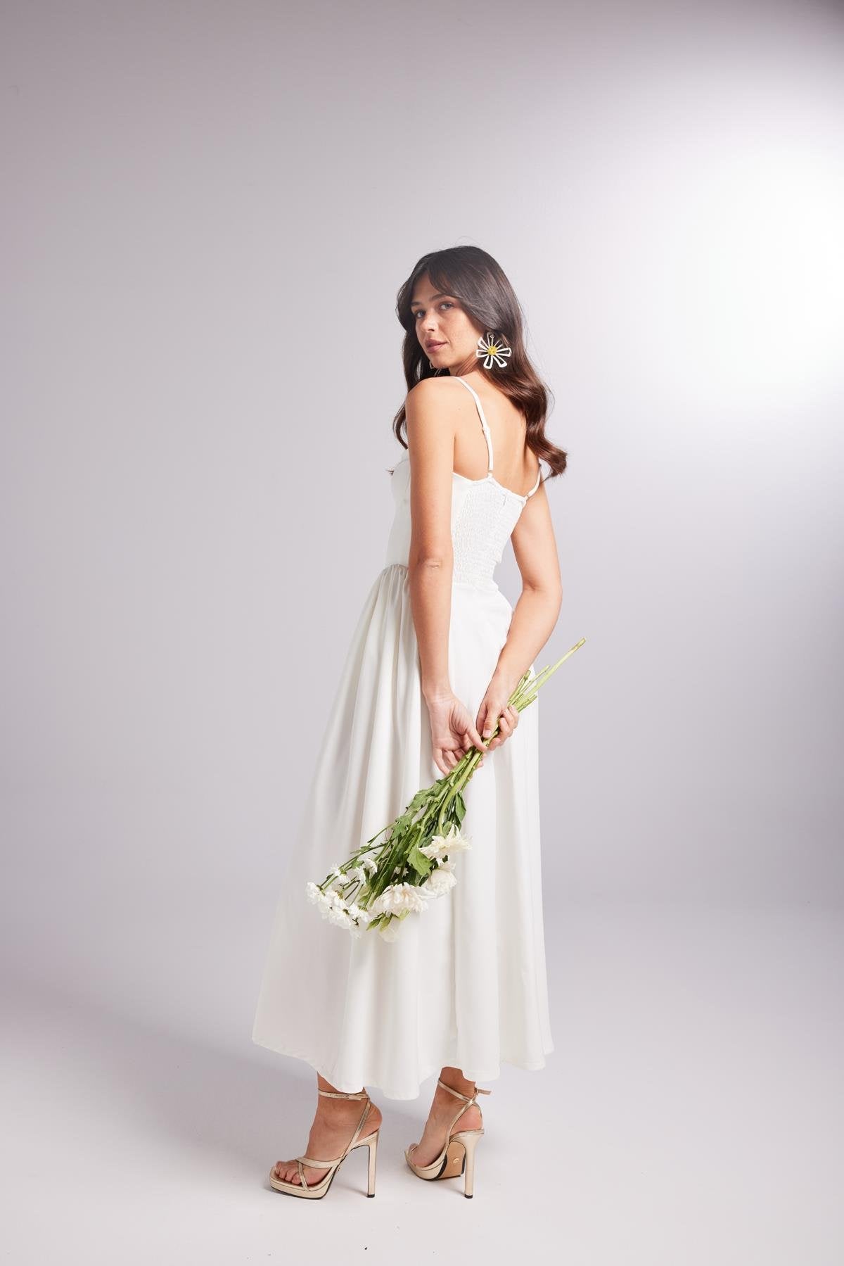 Askılı Gloplu Uzun Bridged Elbise Beyaz