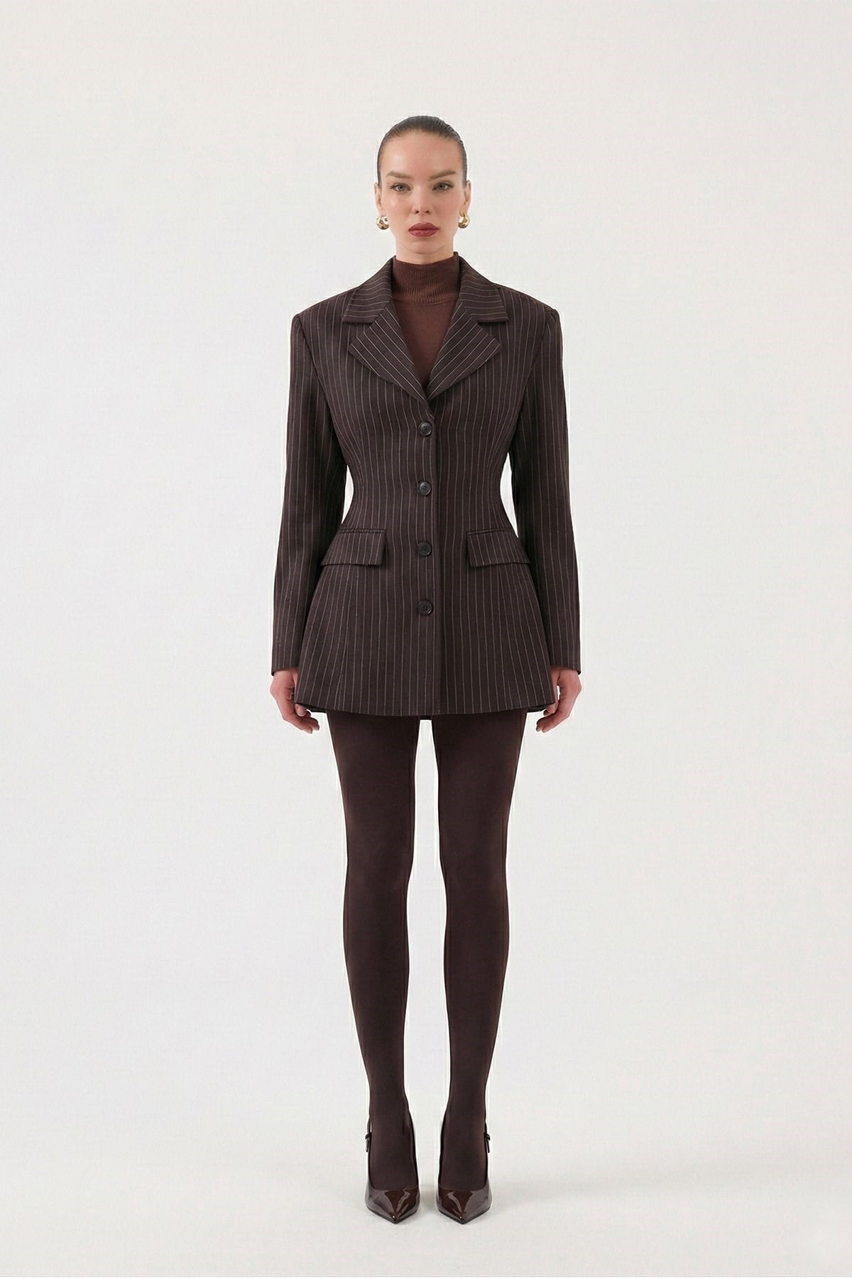 Belden Oturmalı Çizgili Fit Kesim Karen Blazer Ceket Kahve