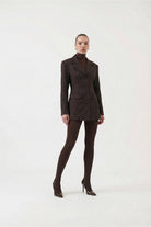 Belden Oturmalı Çizgili Fit Kesim Karen Blazer Ceket Kahve