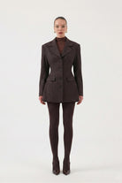 Belden Oturmalı Çizgili Fit Kesim Karen Blazer Ceket Kahve