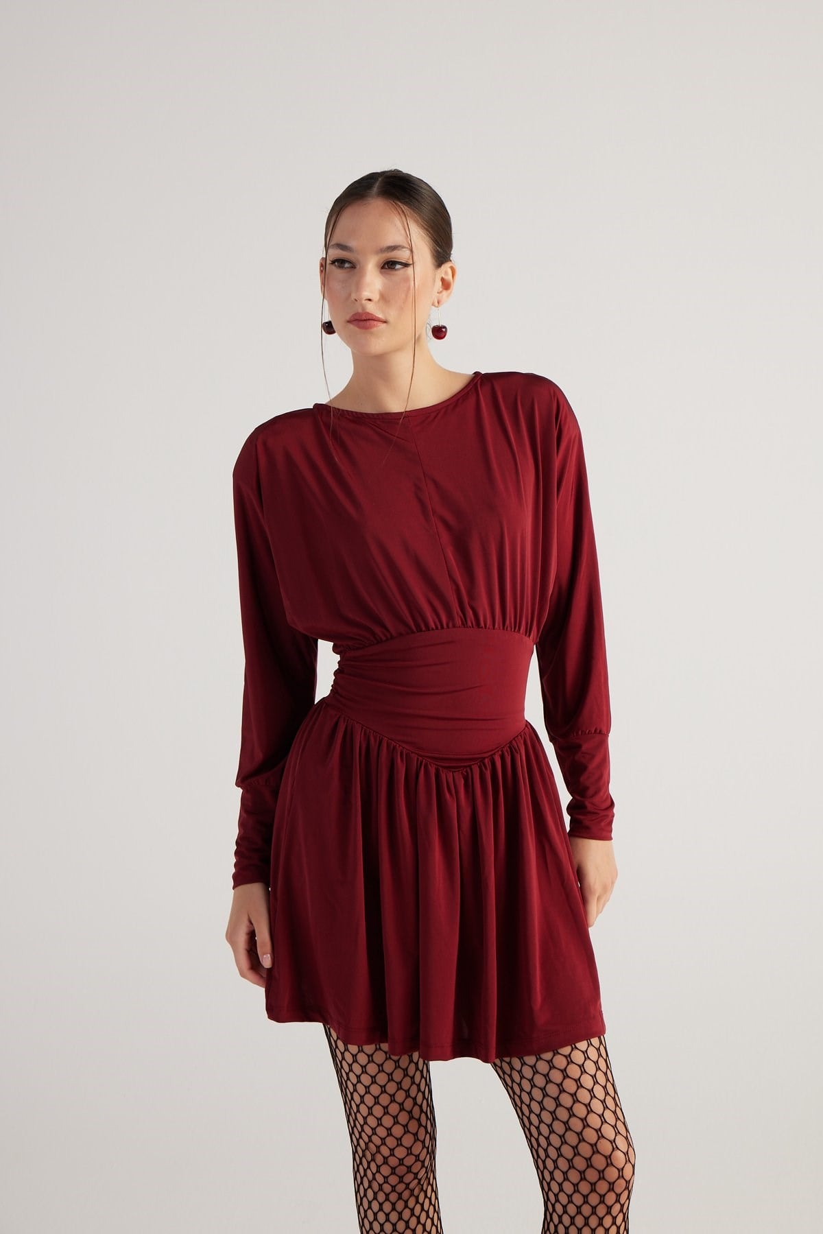 Beli Korse Görünümlü Vatkalı Mini Jade Elbise Bordo