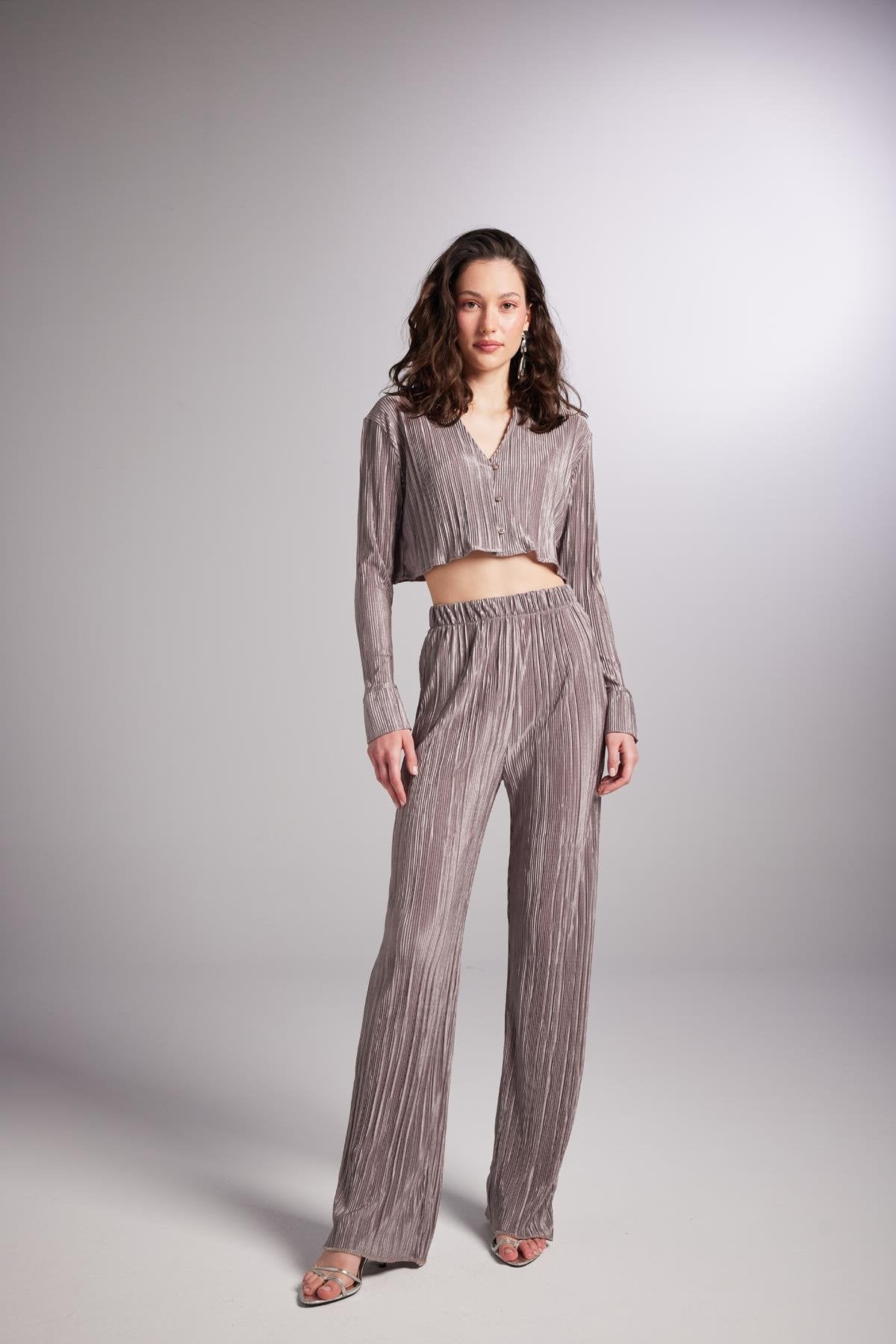 Beli Lastikli Esnek Comfy Pantolon Vizon