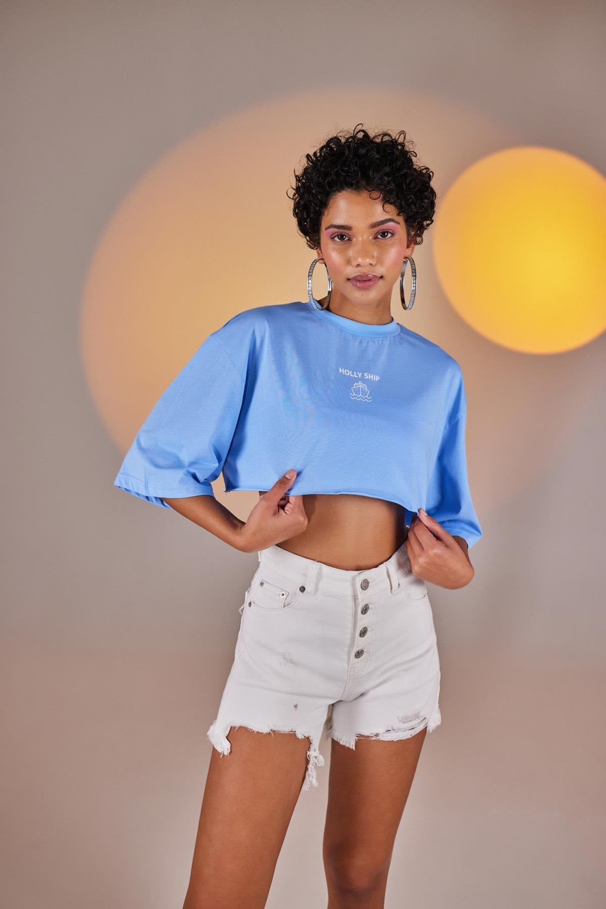 Bisiklet Yaka Holly Crop Tshirt Mavi