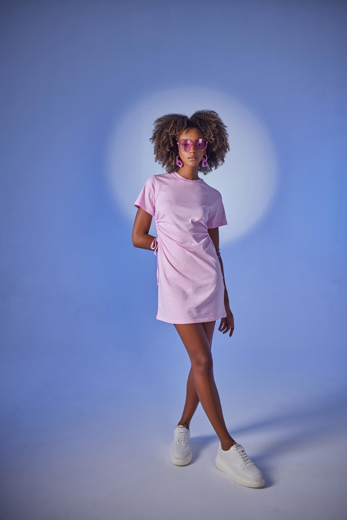 Bisiklet Yaka Kısa Kol Wex Tshirt Elbise Pembe