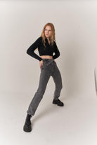 Kadın Gri Denim Kumaş Yüksel Bel Straight Kesim Fuerza Jean Pantolon