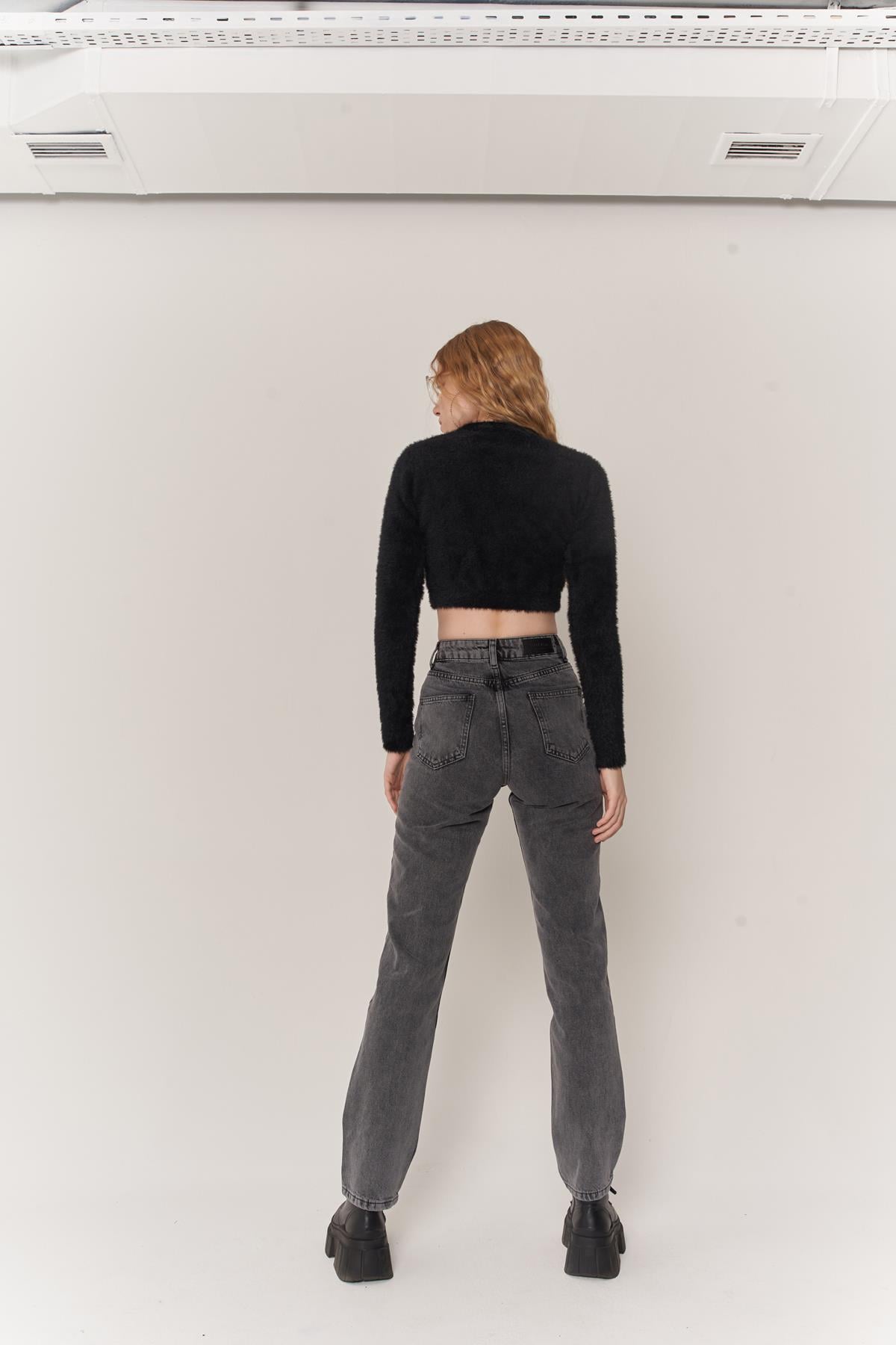 Kadın Gri Denim Kumaş Yüksel Bel Straight Kesim Fuerza Jean Pantolon