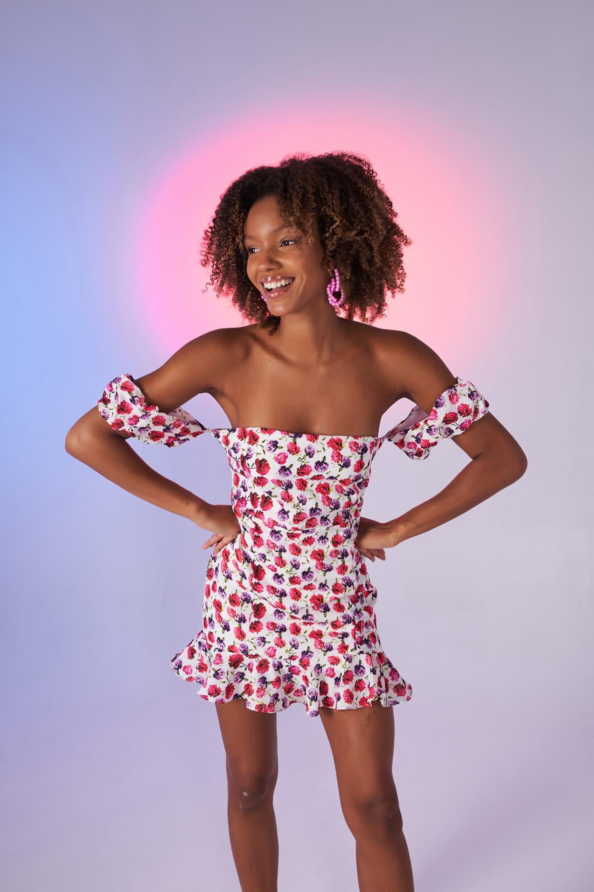 Holly Lolly-Cassie Çiçek Desenli Yazlık Mini Elbise – Pembe-Elbise-1-Milagron.com