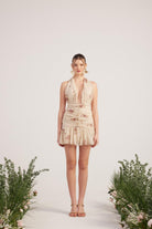 Çiçekli Şifon Kumaş Mini Yolanda Elbise Bej