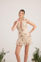 Çiçekli Şifon Kumaş Mini Yolanda Elbise Bej