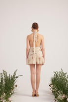 Çiçekli Şifon Kumaş Mini Yolanda Elbise Bej