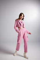 Çıkarılabilir Gömlek Yakası Detaylı Çizgili Crop Kira Blazer Ceket Pembe