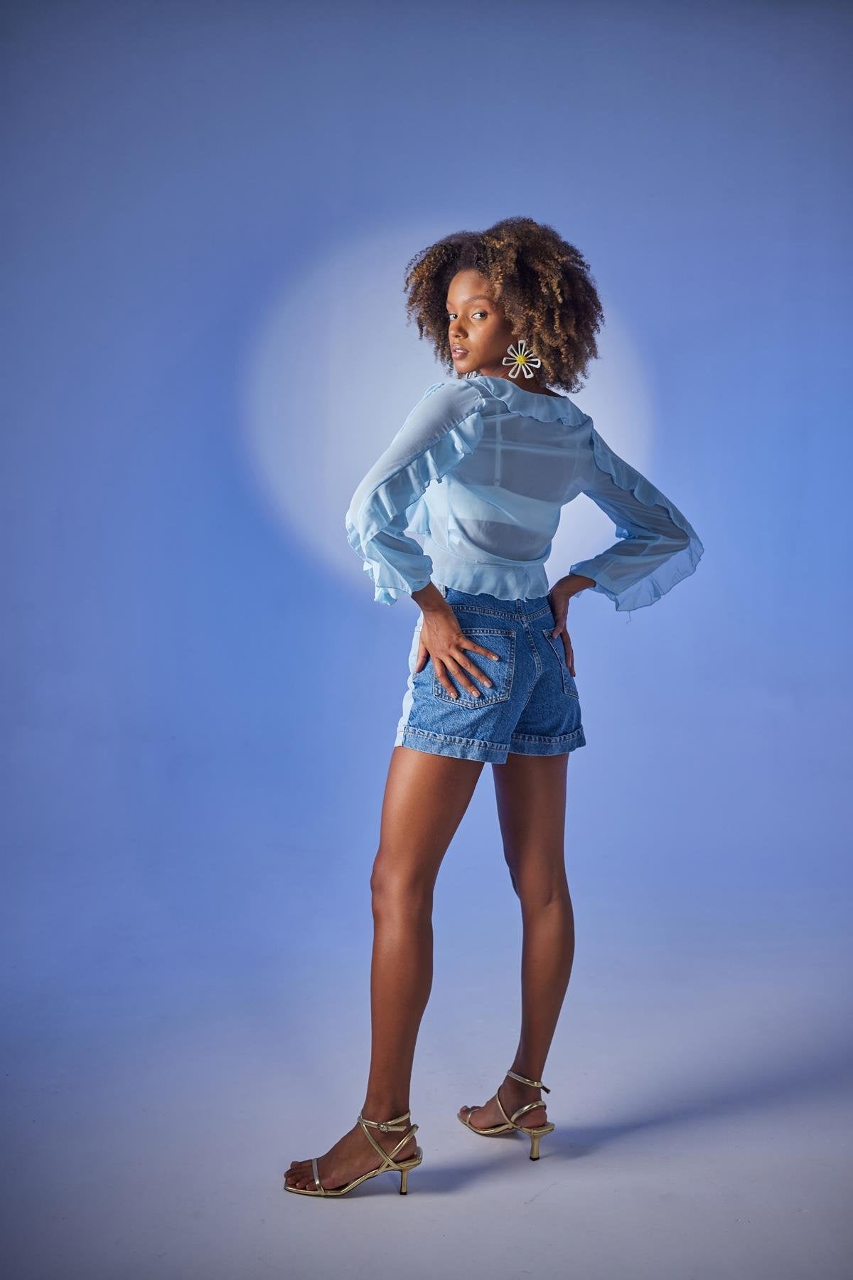 Crop Model Bağlamalı Kol Detaylı Elsa Bluz Mavi