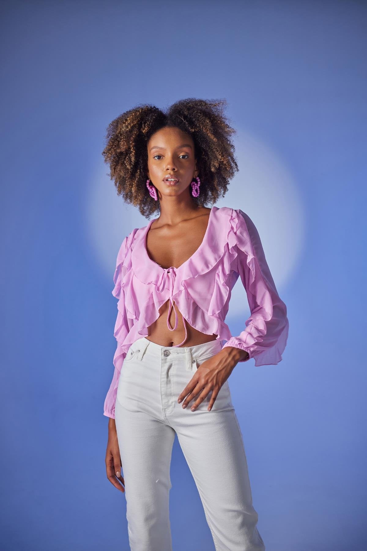 Crop Model Bağlamalı Kol Detaylı Elsa Bluz Pembe