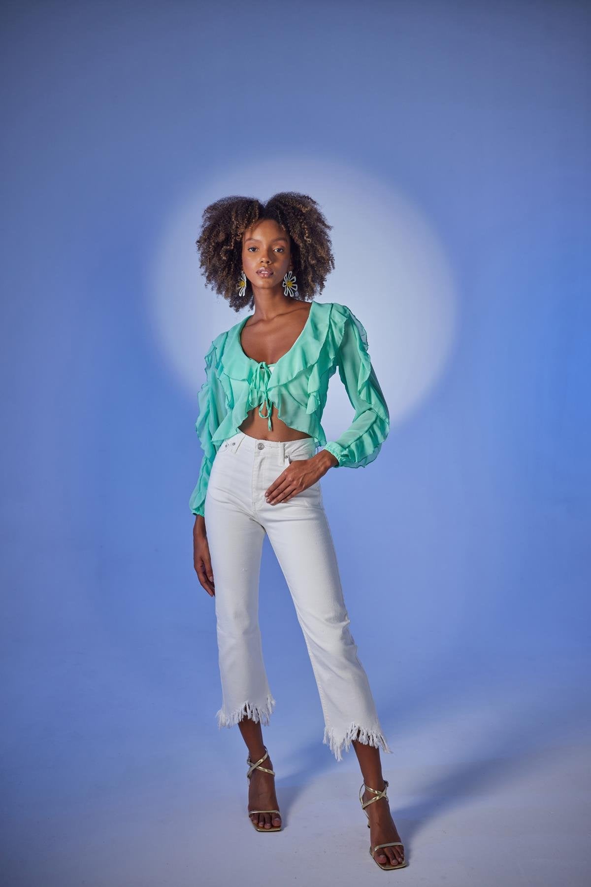Crop Model Bağlamalı Kol Detaylı Elsa Bluz Yeşil