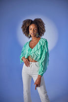 Crop Model Bağlamalı Kol Detaylı Elsa Bluz Yeşil