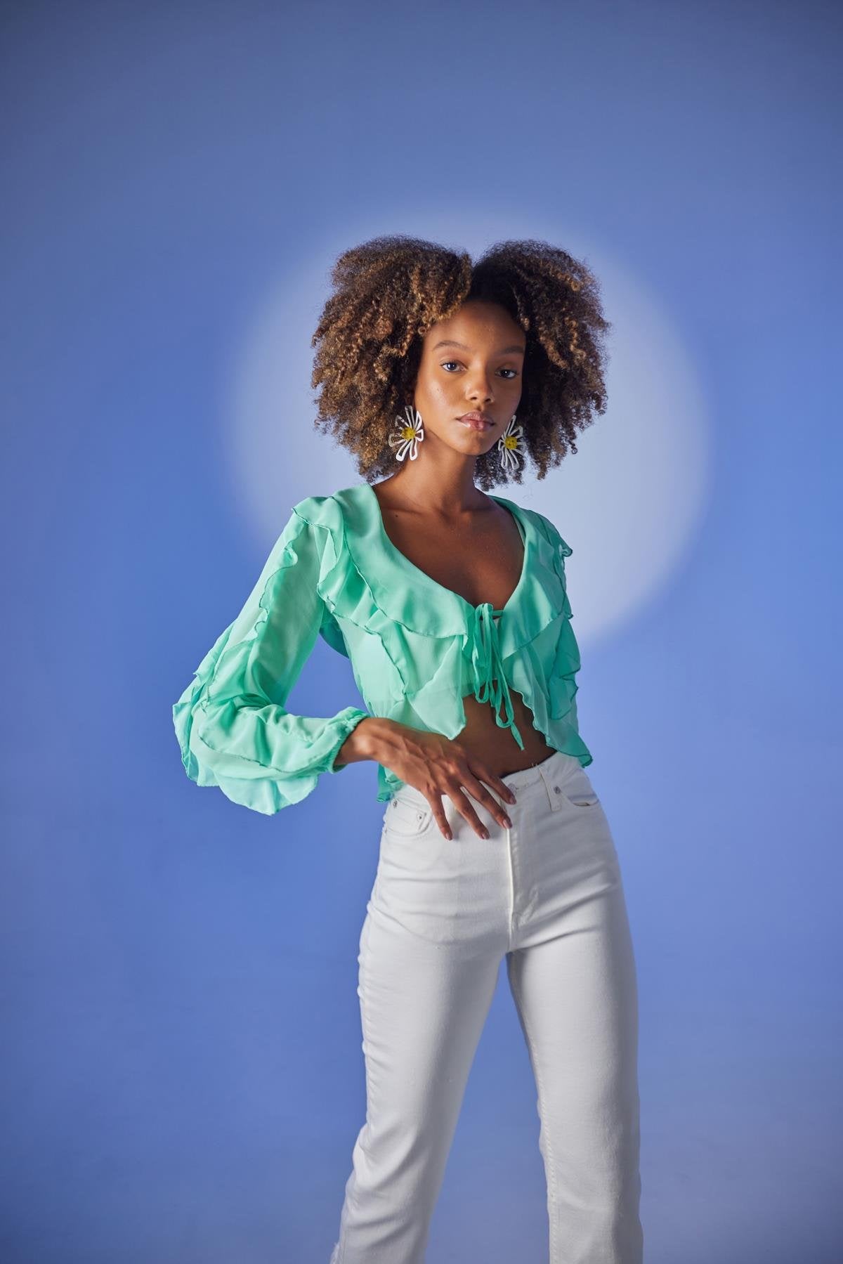 Crop Model Bağlamalı Kol Detaylı Elsa Bluz Yeşil