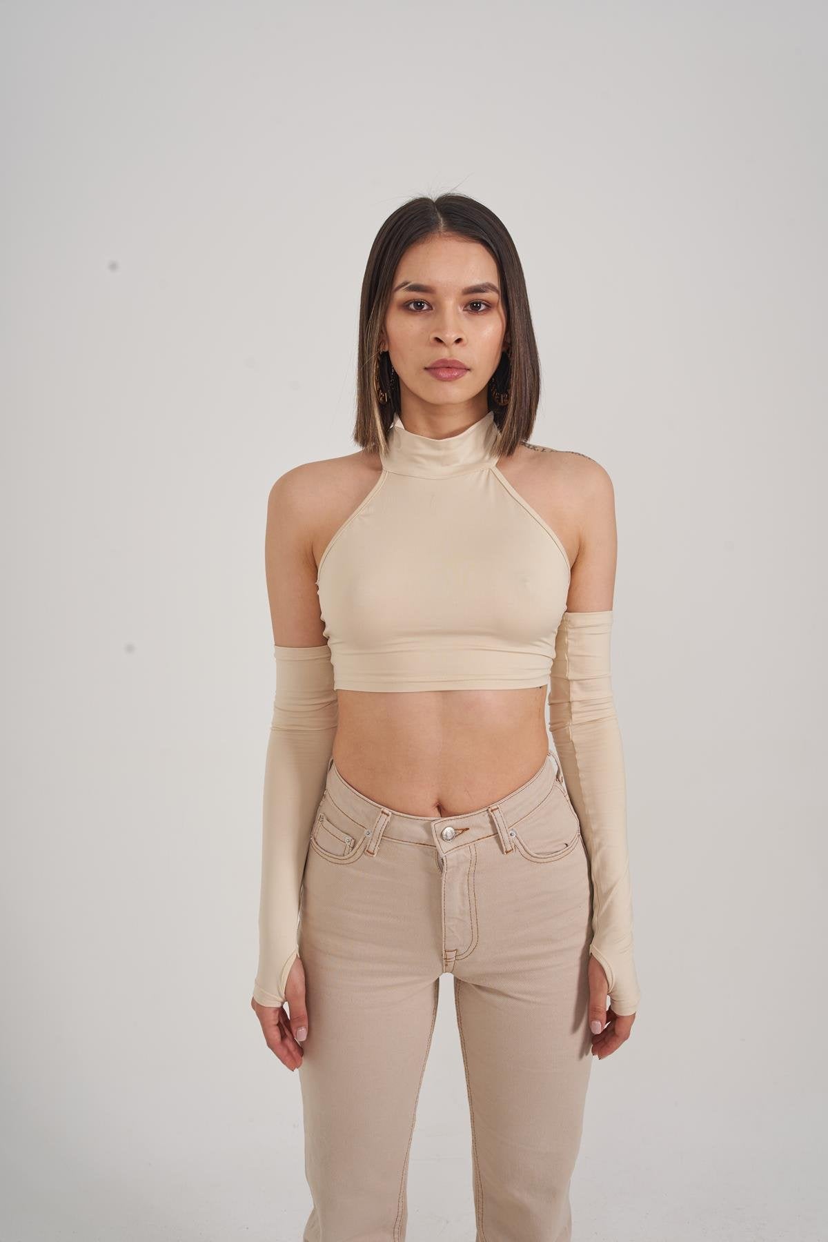 Crop Model Kol Detaylı Pretty Bluz Bej