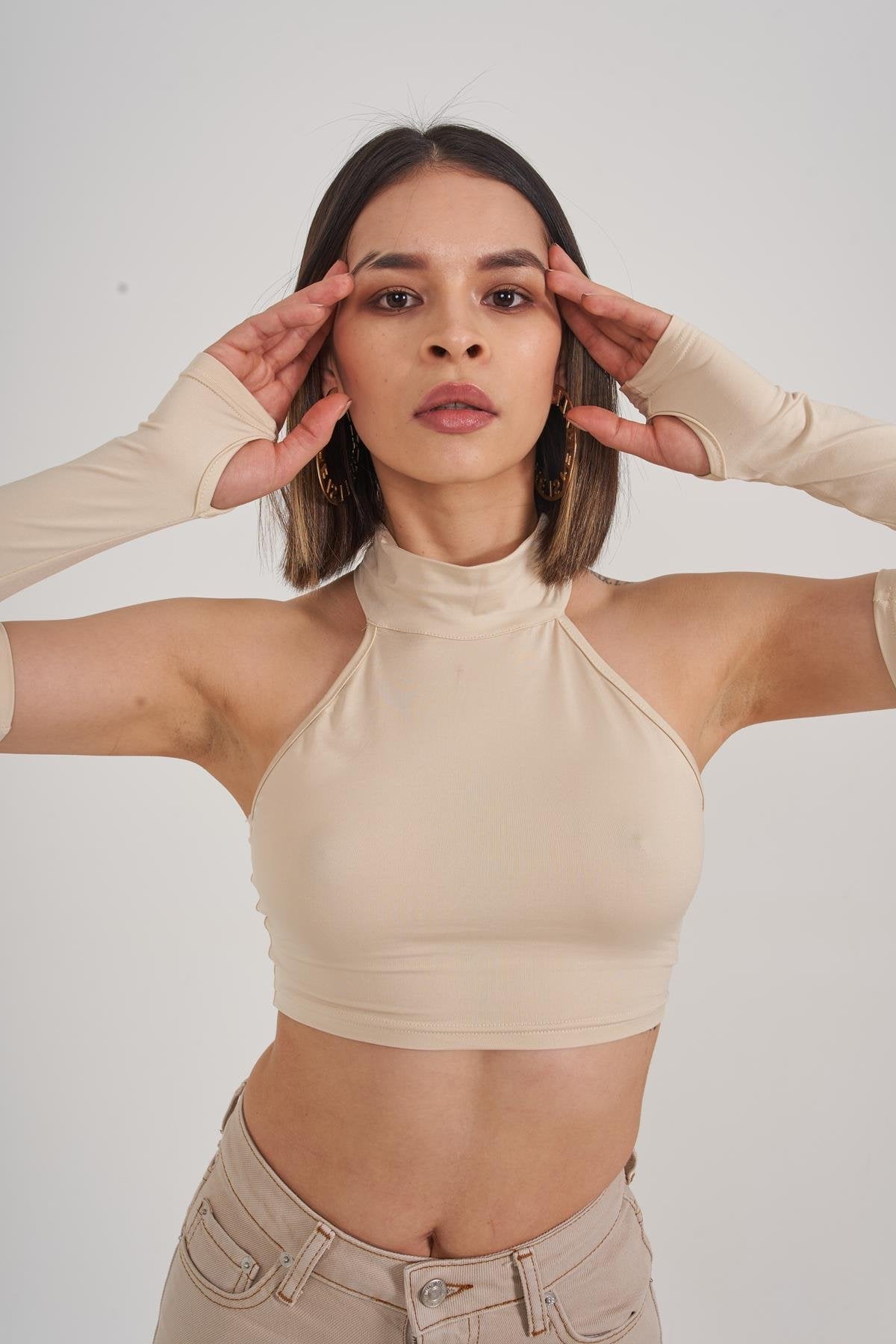 Crop Model Kol Detaylı Pretty Bluz Bej