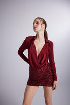 Degaje Yaka Dekolteli Çıtçıtlı Taylor Bodysuit Bordo