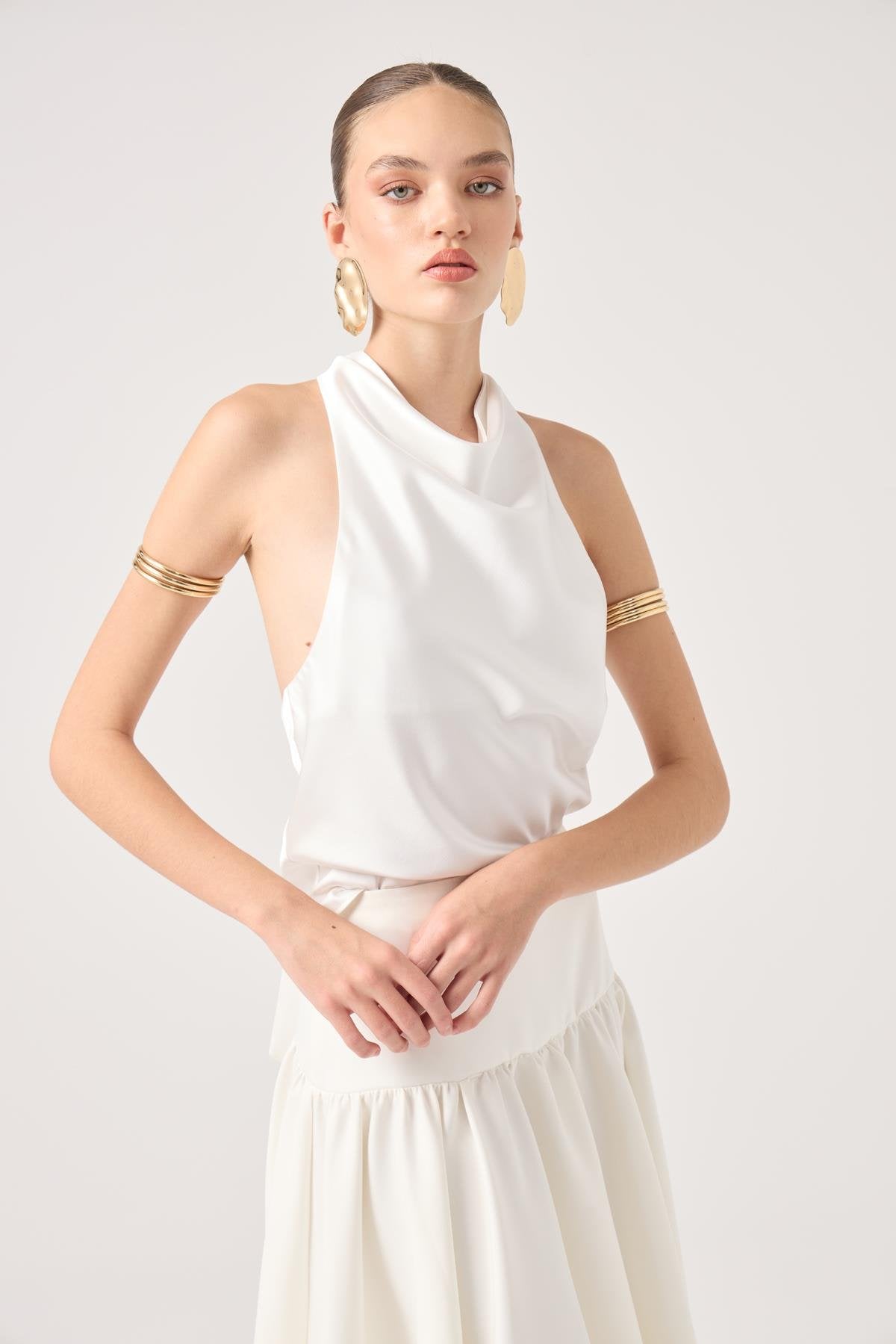 Degaje Yaka Saten Dalia Bluz Beyaz