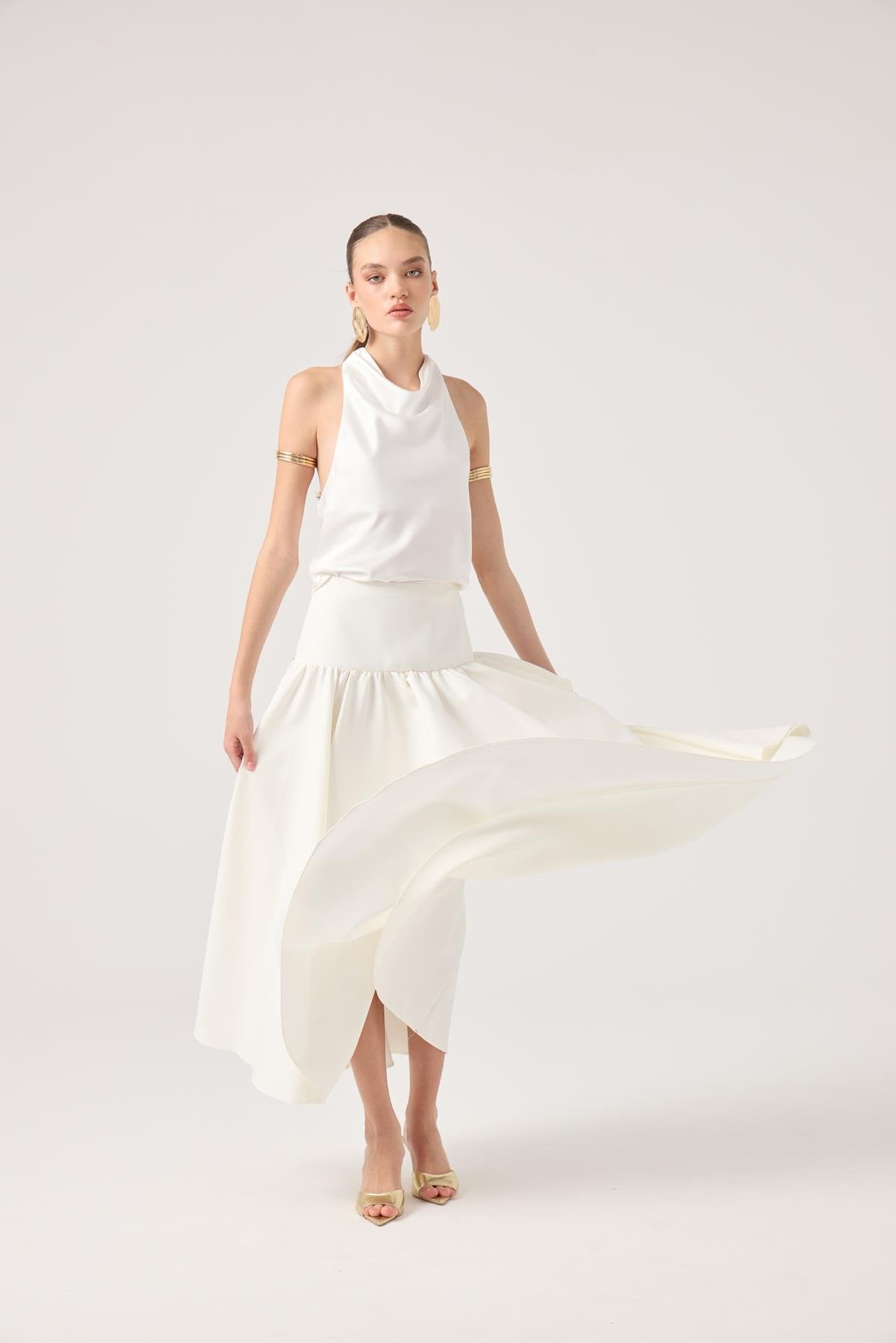 Degaje Yaka Saten Dalia Bluz Beyaz