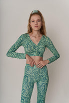 Crop Model Esnek Uzun Kol Volera Bluz Yeşil