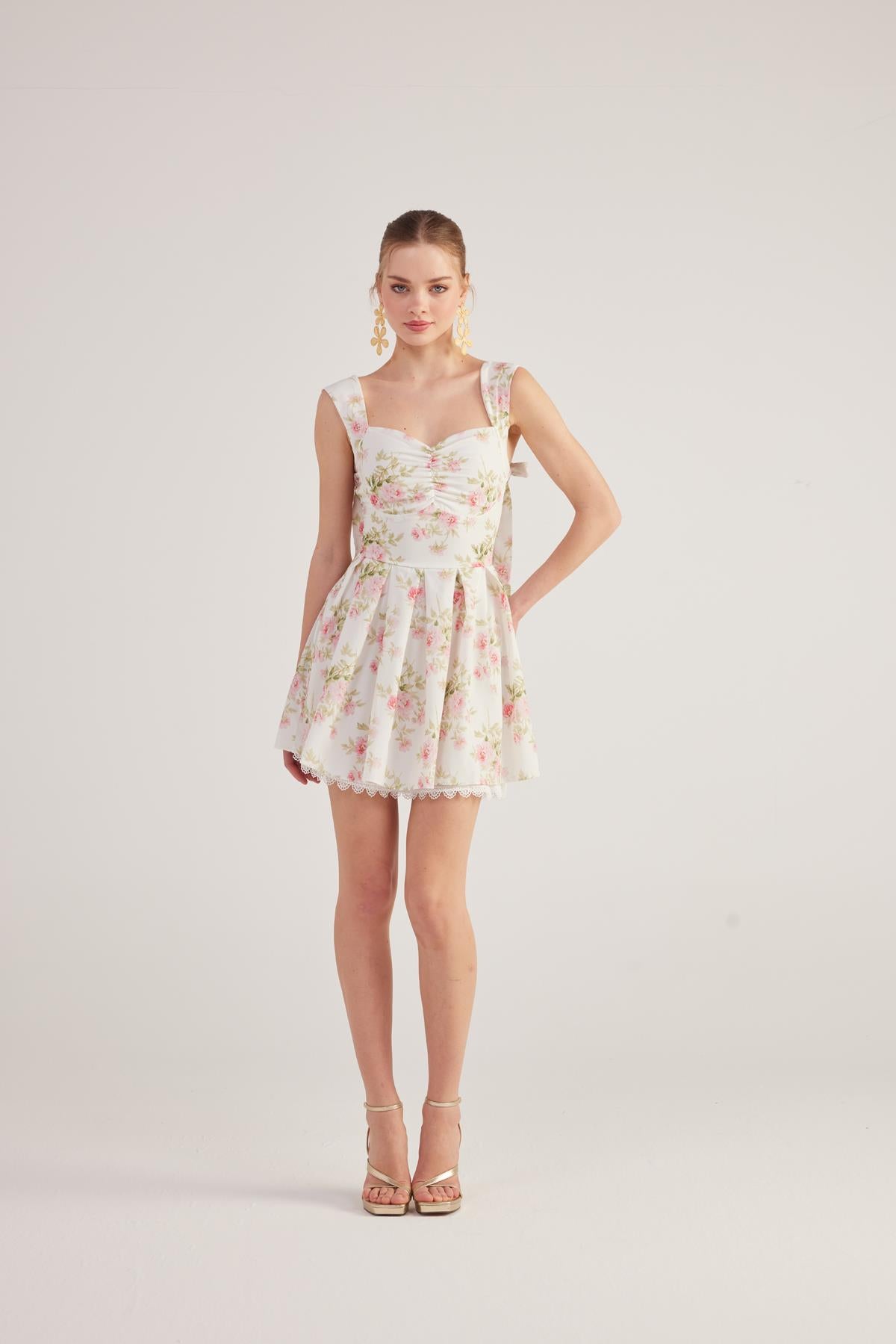 Eteği Brode Detaylı Çiçekli Mini Romance Elbise Pembe