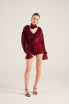 Fırfırlı Güllü Choker Aksesuarlı Şifon Sassy Gömlek Bordo