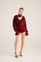 Fırfırlı Güllü Choker Aksesuarlı Şifon Sassy Gömlek Bordo