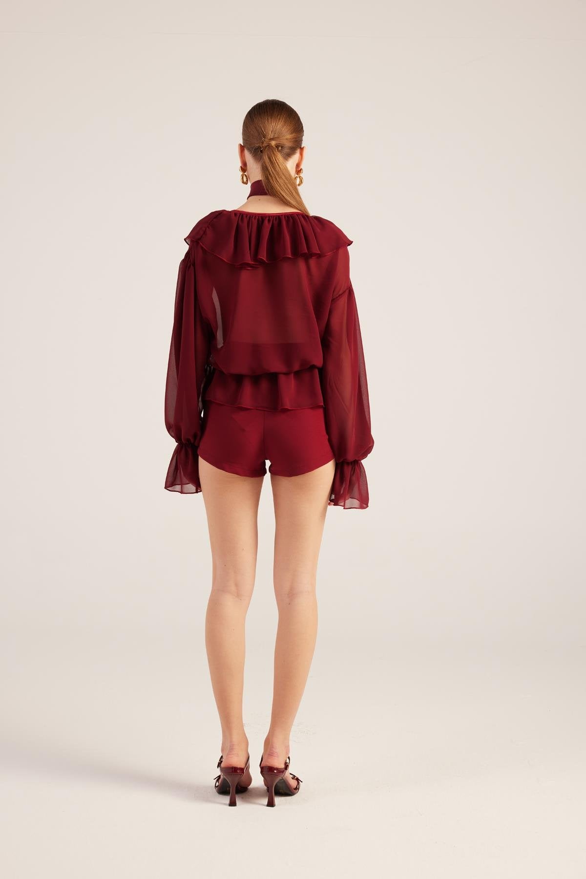Fırfırlı Güllü Choker Aksesuarlı Şifon Sassy Gömlek Bordo