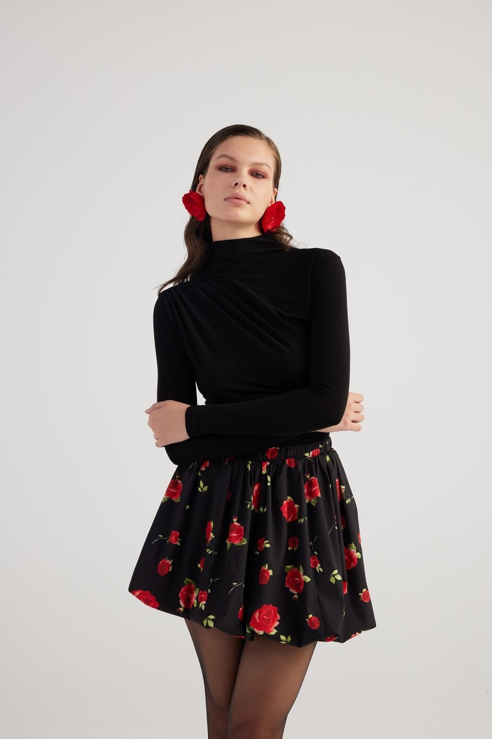 Balon Model Gül Desenli Mini Donna Etek Siyah