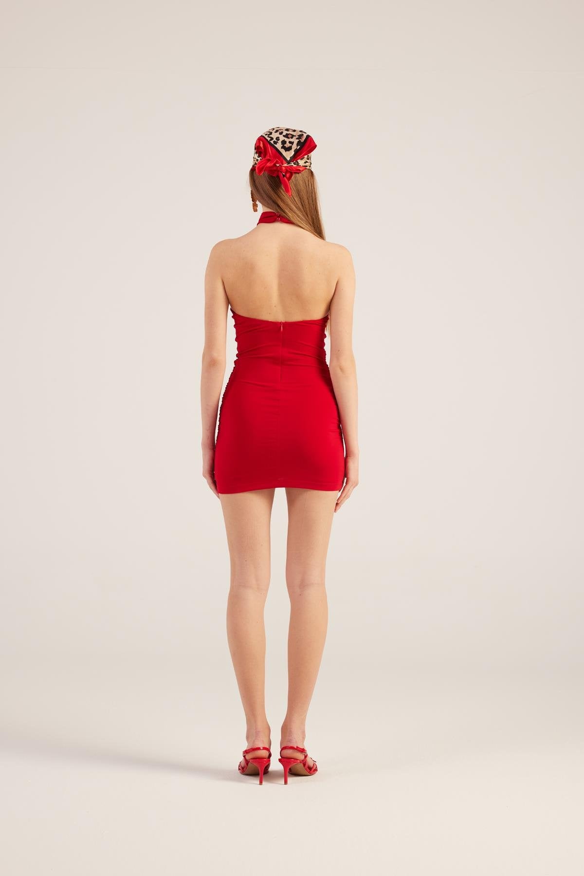 Halter Yaka Büzgülü Mini Perla Elbise
