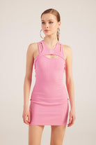 Halter Yakalı Fitilli Mini Carlin Elbise Pembe