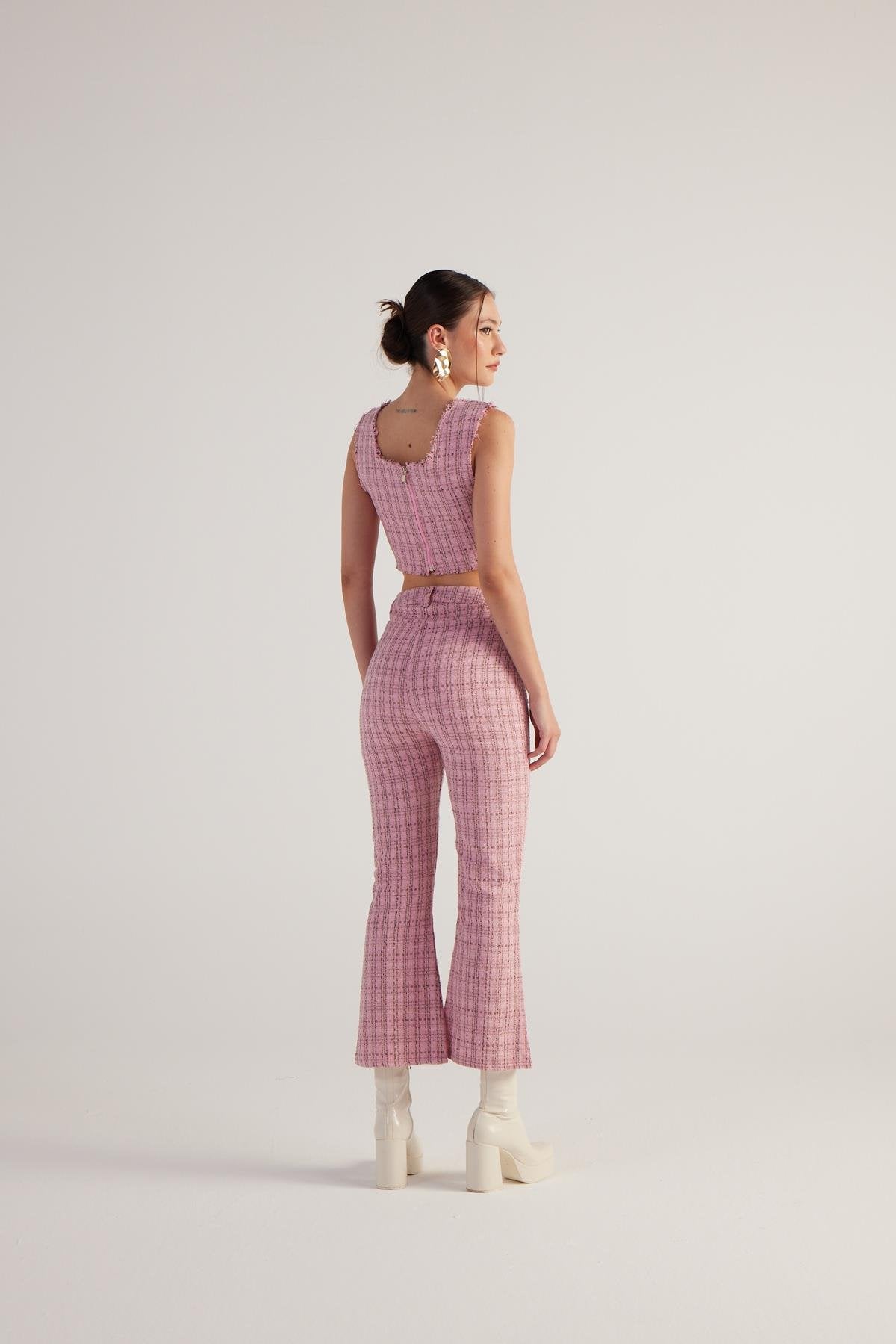 İspanyol Kesim Tüvit Tweed Pantolon Pembe