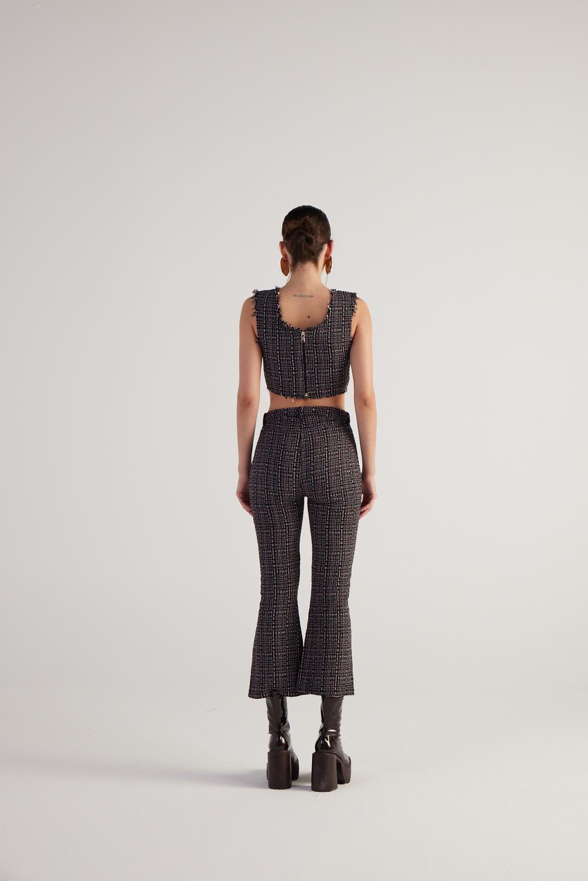İspanyol Kesim Tüvit Tweed Pantolon Siyah