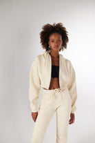 Kadın Bej Kapüşonlu Uzun Kol Fermuarlı Crop Mixed Sweat