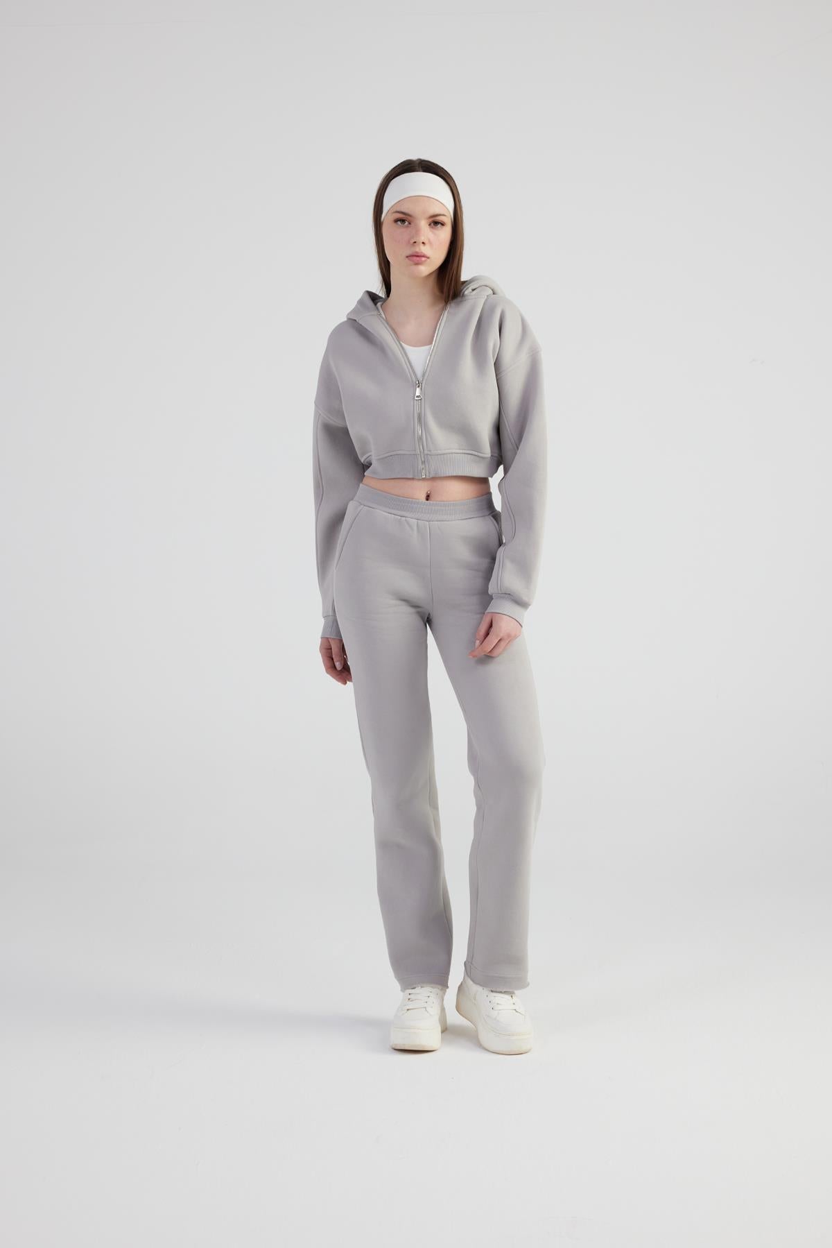 Kadın Gri Kapüşonlu Uzun Kol Fermuarlı Crop Mixed Sweat