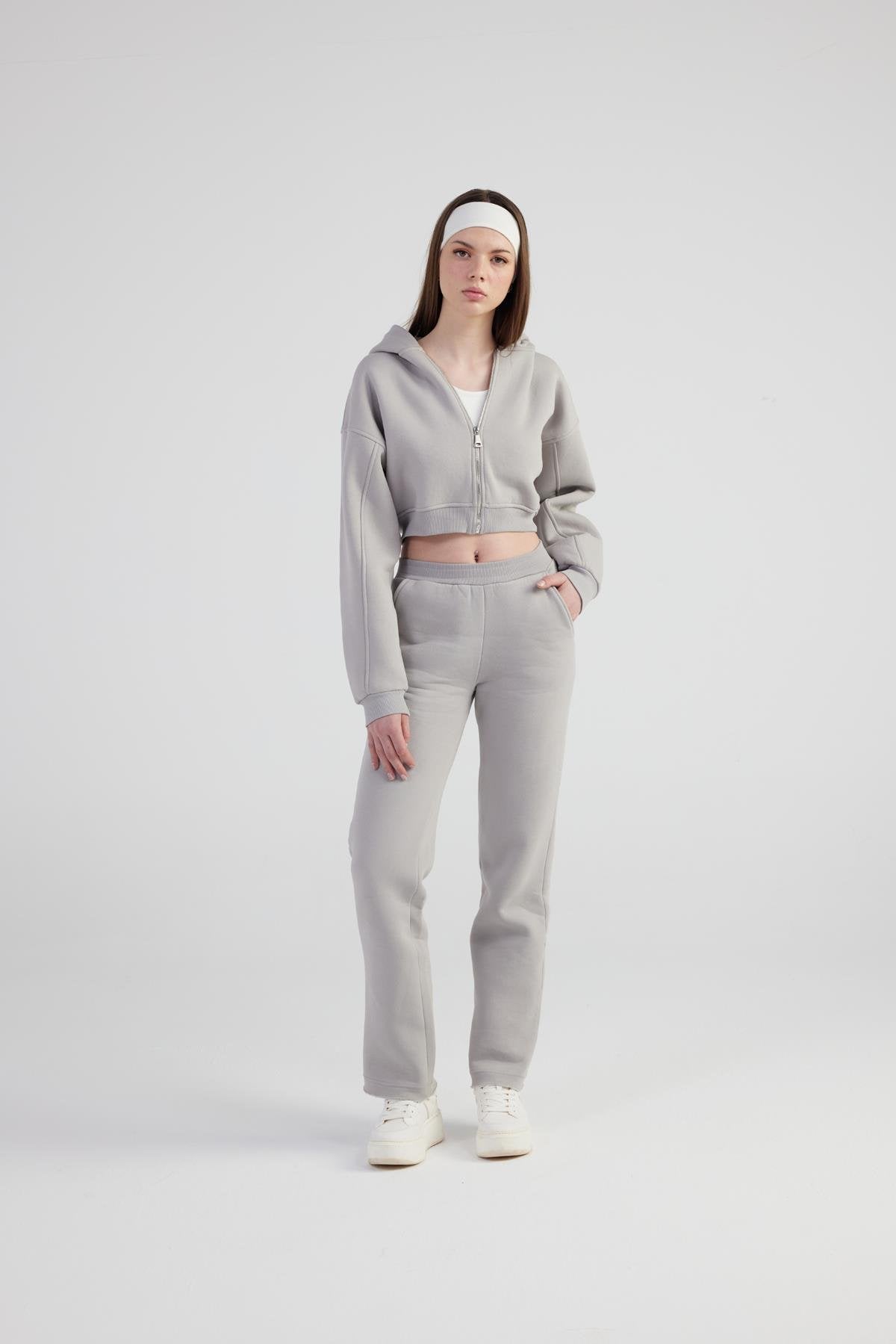 Kadın Gri Yüksek Bel Straight Kesim Şardonlu Mixed Eşofman Altı