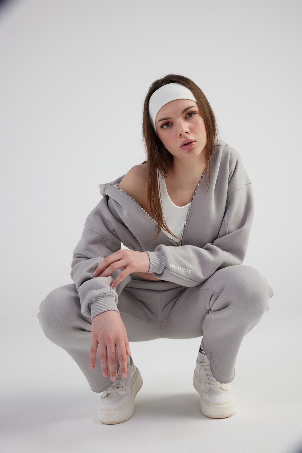 Kadın Gri Yüksek Bel Straight Kesim Şardonlu Mixed Eşofman Altı