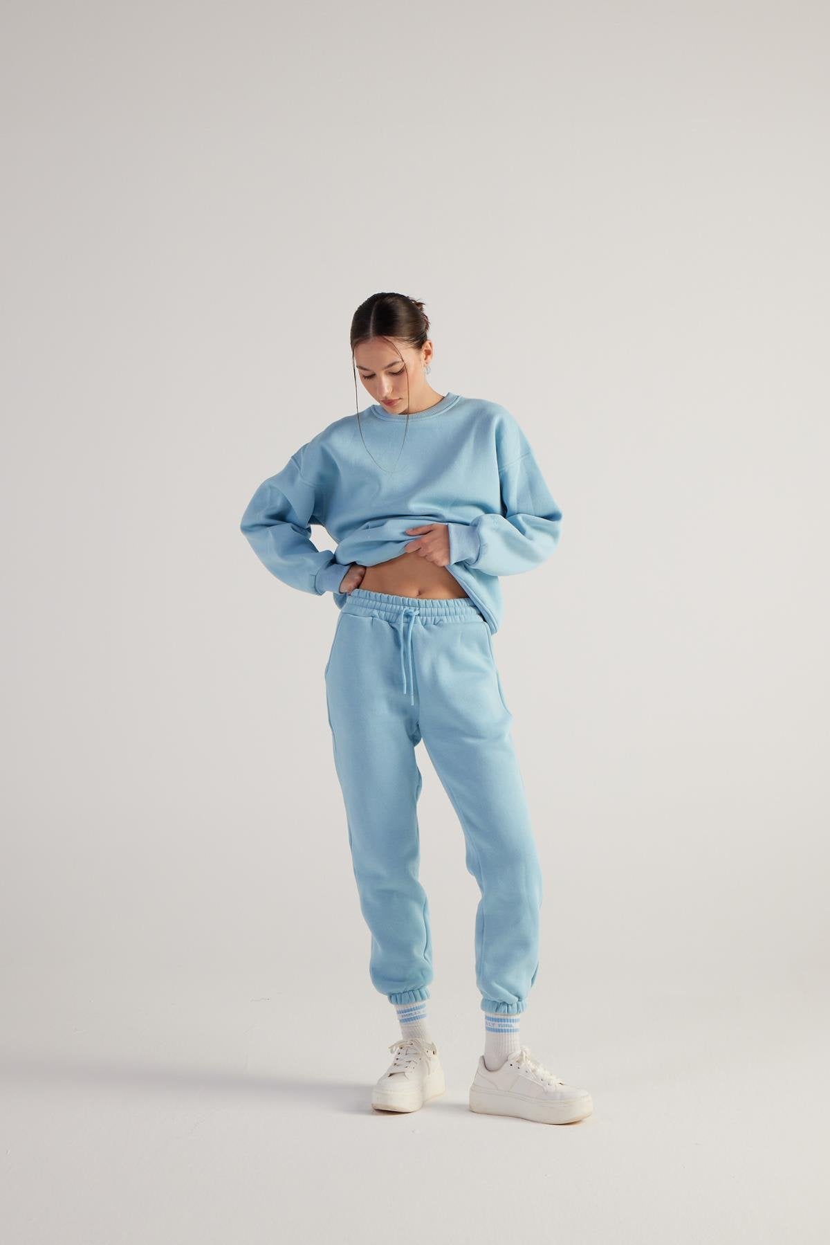 Kadın Mavi Lastikli Bel Ve Paçalı Şardonlu Fluffy Eşofman Altı